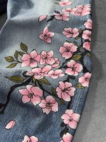 ROMWE MEN Anime Spring/Summer Casual Graphic Men'S Floral & Tiger Print Pocket Loose Wide Leg Casual Jeans - Blue - View 4