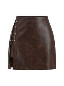 Ellevyn Women's PU Leather Side Slit Hem Fashionable Versatile Skirt - Brown - View 6