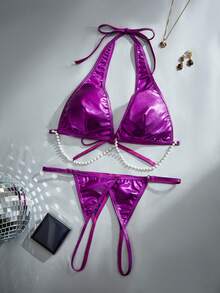 SHEIN 2 st. set med sexiga underkläder i enfärgat halterneck för kvinnor - Blåröd - Visa 1