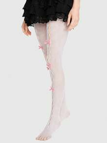 ROMWE Kawaii 1pair Gothic Rose Lace Jacquard Hollow Out Fishnet Socks, For Women, All Season, Halloween - White 8 - View 2
