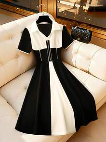 Women's Elegant And Versatile Black & White Color Block Long Dress, Suitable For Daily Commute - Multicolor - View 6