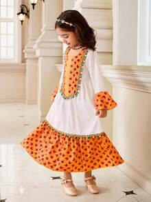 SHEIN Girls'Traditional Style Patchwork Colorful Tassel Hem Design Arabic Dress,White,Autumn,Family Matching Jalabiya Modest Thobes Dress For Kid Girls - Multicolor - View 7