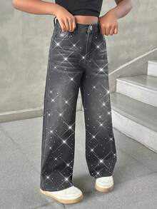 Jeans de moda con decoración de strass para niñas preadolescentes - Gris Claro - Ver 3
