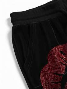 Betty Boop | ROMWE 女式 Y2K 天鹅绒卡通人物红唇水钻拉链连帽夹克和喇叭裤 2 件套 - 黑色 - 查看 8