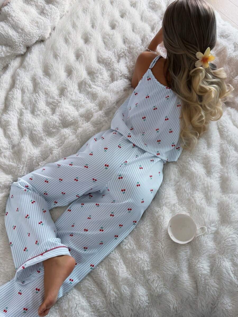 SHEIN Women's Bubble Crinkle Striped Cherry Print Camisole & Pants Pajama Set - Blue - View 1