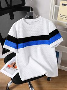 Vacaura 1pc Teen Boy's Crew Neck Short Sleeve Patchwork T-Shirt,Knitted Jacquard Fabric,Slim Fit Striped Top,White,Summer,Streetwear,Beach,New Spring Clothes - Black and White - View 3