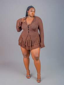 CurvyTilda Plus Size Casual Fitted Long Sleeve Top And Skirt 2 Pieces Set, Suitable For Autumn Brown 2 Pieces Set Crinkle 2 Pieces Set,Fall Clothes For Women, For Hourglass Body Shape - Coffee Brown - View 6