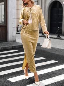 SHEIN Raffinéa Autumn/Winter Romantic Elegant Velvet Embossed Rhinestone Decorated Midi Skirt & Long Sleeve Jacket Set - Khaki - View 3