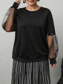 INAWLY Sudadera holgada de talla grande para mujer con mangas de malla transparente y decoración de burbujas - Negro - Ver 6