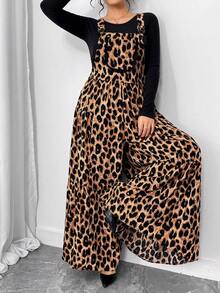 Elenzga Women's Multicolor Woven Fabric Leopard Pattern Unitard With Straps Pockets And Wide Legs - Multicolor - View 4