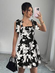 Elenzga Women's Floral Print Tie Shoulder Strap Mini Dress, Vacation Style - Black - View 1