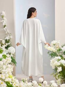 Al Najma Women's Solid Color Minimalist Everyday Floral 3D Decor Long Sleeve Abaya - White - View 3