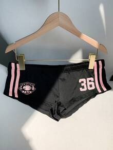 Comfortcana Quần short thể thao nữ màu đen dệt kim, kiểu dáng thường ngày, họa tiết chữ cái, chi tiết gân nổi, quần short thể thao, quần short biker, quần short nữ. - màu đen - Xem 4