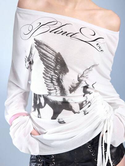 Maglietta a maniche lunghe con stampa di unicorno, scollo a spalla, stile J-Fashion per donne