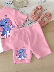 SHEIN 年轻女孩休闲简约可爱卡通蓝色兔子图案短袖上衣和短裤两件套，适合夏季 - 彩色 - 查看 5