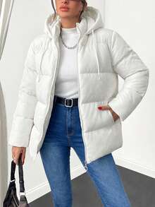 Women's Solid Color Long Sleeve Zipper Front Casual Drawstring Hooded Winter Jacket - Cream - View 1