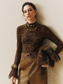 Arave 女士天鹅绒蕾丝撞色网纱双层喇叭袖口修身优雅绿色长袖打底衫，秋季女装 - 棕色 - 查看 4