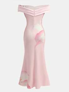 Girlism Teen Girl Off-Shoulder Ruched Floral Print Asymmetric Hem Fishtail Dress, Suitable For Parties, Commuting, Shopping, Weddings, Birthday Parties, Dances And Bridesmaids Occasions - Multicolor - View 2
