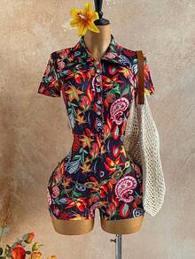 Soleia Women's Paisley Floral Multicolor Print Romper,Summer Boho Holiday Vacation Outfit,Open Front Button Lapel Collar Short Sleeve Jumpsuit,Black And Pink - Multicolor - View 3