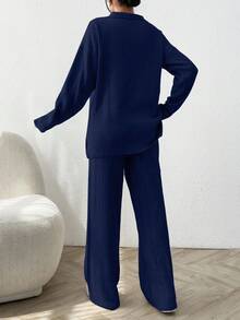 EURMUSE 2pcs Solid Color Ribbed Polo Neck Loose Fit Ribbed Sweaters - Navy Blue - View 2