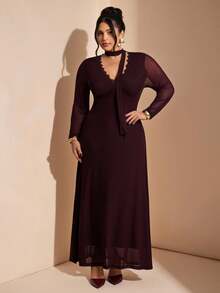 SHEIN BAE Vestido largo minimalista de talla grande con escote en V, cintura ceñida y ribete de encaje, color borgoña, otoño, elegante, atuendo de Navidad y Año Nuevo para mujeres, vestido de invitada de boda - Café integral - Ver 3