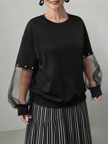 INAWLY Sudadera holgada de talla grande para mujer con mangas de malla transparente y decoración de burbujas - Negro - Ver 5