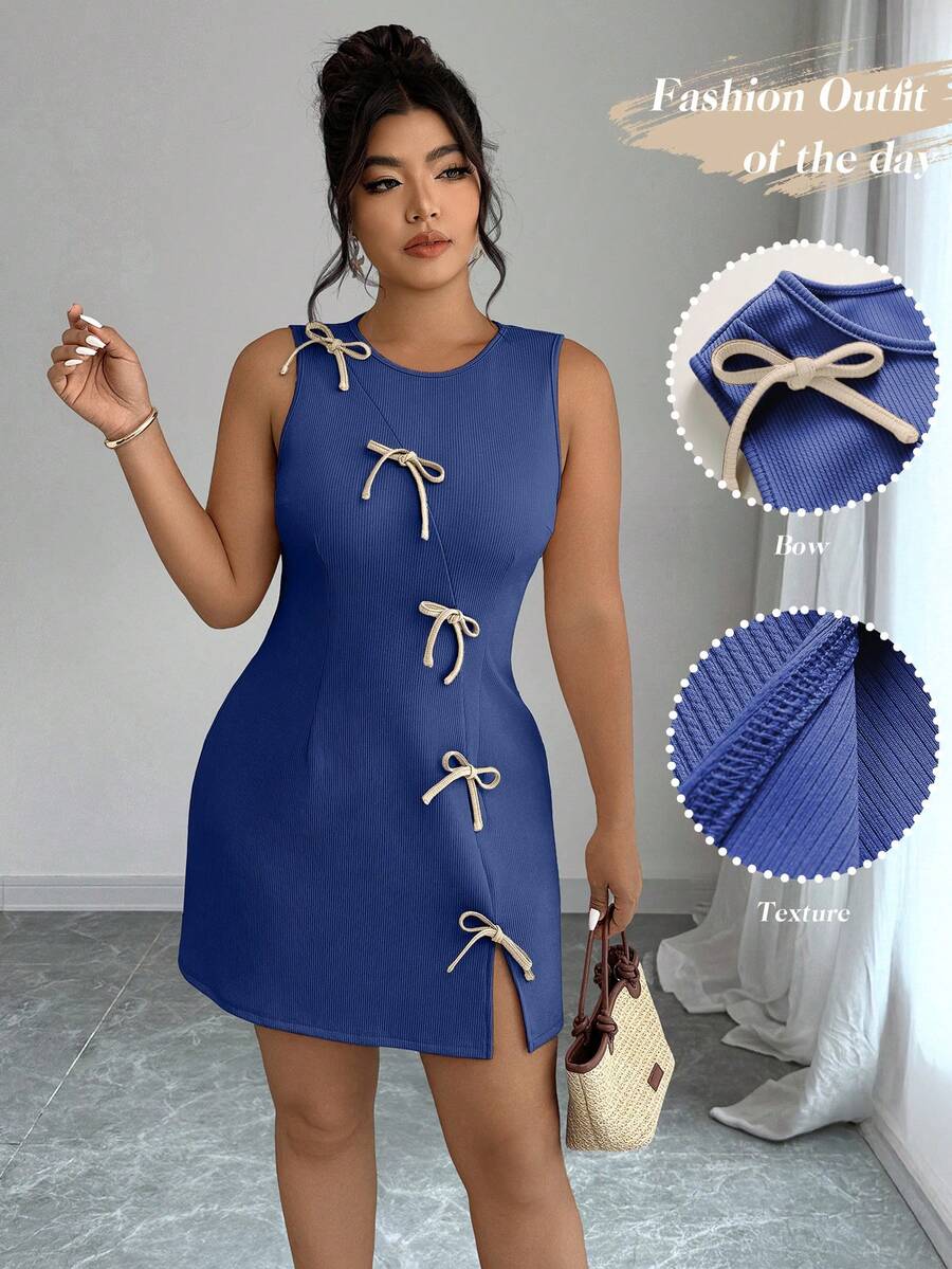 Elenzga Plus Size Women Casual Sleeveless Dress With Bow Decor Round Neck Bow Dress Blue Dress Summer - Navy Blue - View 1