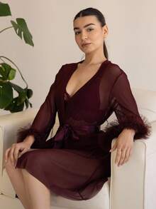 Andrea Bello 3pcs Lace Splice Sexy Camisole Shorts + 3D Trim Wide Sleeve Mesh Robe Set - Maroon - View 6
