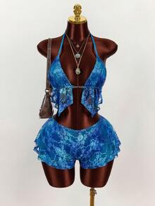 Amplova Women's Spring New Lace Ombre Pattern Low-Cut Halter Camisole And Low-Waist Shorts Set