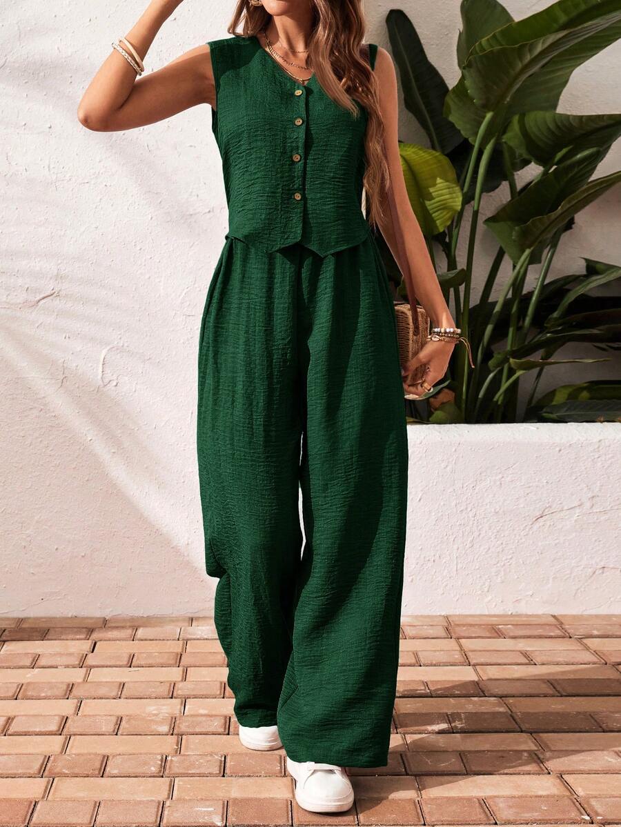 SHEIN Frenchy 女士纯色单排扣马甲和阔腿裤休闲宽松两件套 - 綠色 - 查看 1