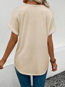 EMERY ROSE Women's V-Neck Flared Cuff, Ombre Heart Print Casual Versatile T-Shirt, Spring/Summer - Apricot - View 2