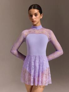 SHEIN Maillot de gimnasia para adolescentes, falda de ballet con ribete de encaje púrpura apta para ballet, vuelta al colegio, entrenamiento en el campus, competición, uso casual. Diseño de manga larga de malla elástica y cómoda, ropa deportiva de danza con estilo - Azul Marino - Ver 5