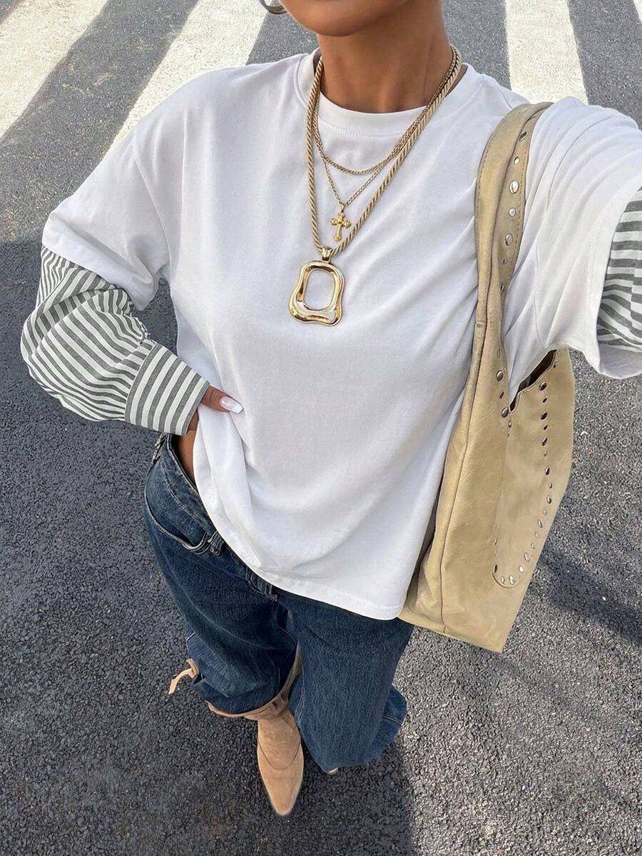 Muchica 女士新款二合一圆领宽松长袖T恤叠穿单品休闲秋季条纹长袖 - 彩色 - 查看 1