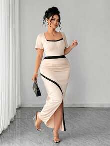 Elenzga Plus Size Elegant Commuter Color Block Split Dress - Apricot - View 6