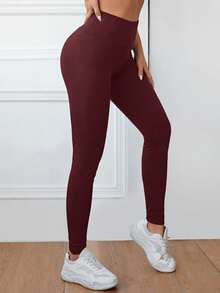 SHEIN EZwear 女士纯色弹力腰针织打底裤 - 酒紅色 - 查看 4