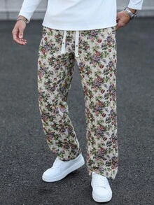 Manfinity Homme Quần dài nam dáng suông, họa tiết hoa jacquard, có dây rút ở eo và túi. - Nhiều màu - Xem 4
