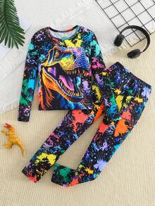 2pcs Tween BoysSnug Fit Sleepwear Set, Colorful Graffiti Print Long Sleeve Top And Pants, Comfortable Loungewear - Multicolor - View 3