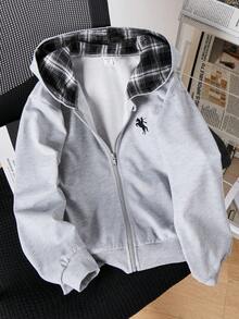SHEIN Sparklyn Tween Girl Zip-Up Hooded Loose Fit Long Sleeve Graphic Print Comfortable Knit Sweatshirt - Grey - View 3