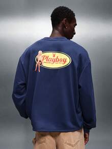 PLAYBOY X SUMWON Crop Fit Navy Crew Neck Pullover Sweatshirt With Vintage Logo And Pin-Up Design Classic Comfort Long Sleeve Top - Navy Blue - View 1