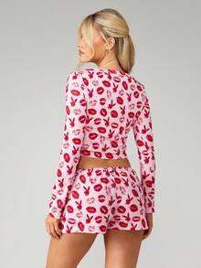 Missguided x Playboy Lip Print And Bunny Pattern Long Sleeve Crop Top With Drawstring Shorts Pajama Set For Women - Pink - View 2