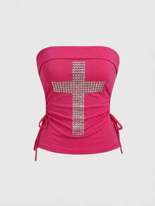 ROMWE J-Fashion Y2K Cross Studded Rhinestone Decor Black Cropped Strapless Drawstring Slit Hem Women Top - Hot Pink - View 2