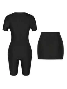 SHEIN Swim 新款夏季女士短袖圆领拉链连体泳衣，五分钟即可穿好，撞色荷叶边下摆，休闲度假风 - 黑與白 - 查看 4