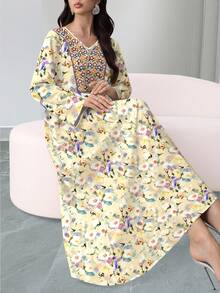 SHEIN Najma 女士梦幻花卉植物刺绣图案数码印花V领长袖优雅阿拉伯风格长款连衣裙，春夏款 - 彩色 - 查看 3
