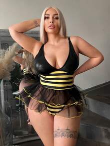 Fantasy Costume Plus Size Sexy Bee Costume Dress Set, Reflective Fabric & Mesh Patchwork Dress + Thong Panty - Multicolor - View 1