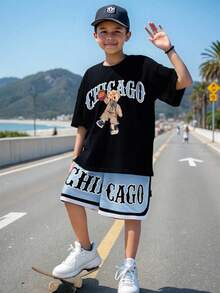 SHEIN 青少年男童宽松街头风短袖短裤套装 - 淺藍色 - 查看 1