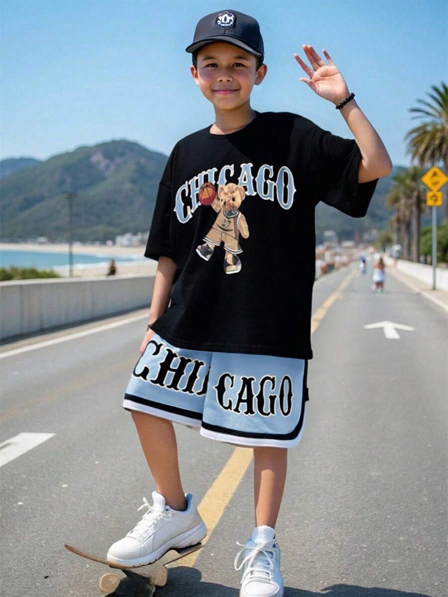 SHEIN 青少年男童宽松街头风短袖短裤套装 - 淺藍色 - 查看 1
