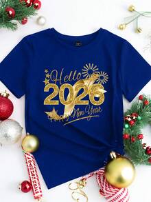 Manfinity Homme 男女通用 2026 新年快乐蓝色 T 恤，节日金色丝带元素 2026 新年限量版情侣圆领 T 恤 - 藍色 - 查看 3