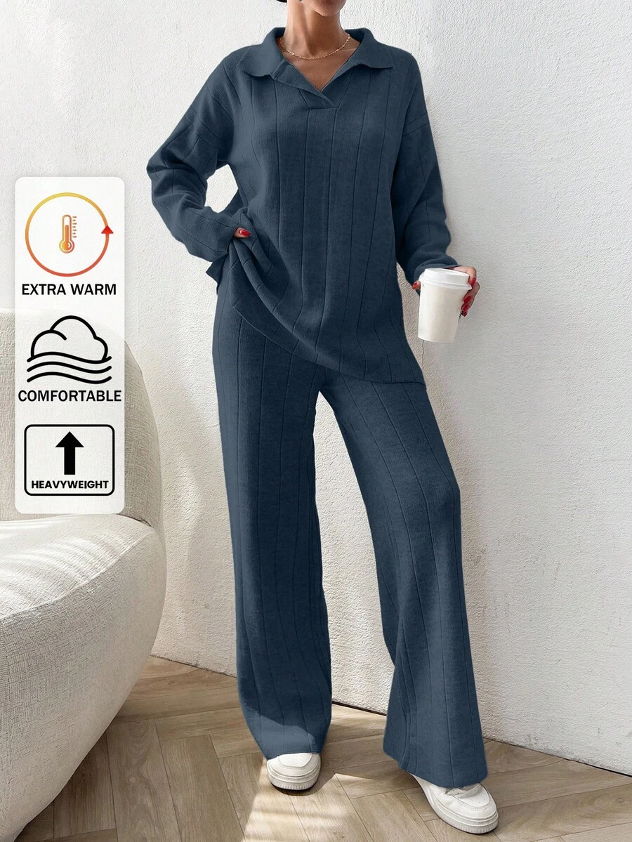 EURMUSE 2pcs/Set Solid Color Ribbed Polo Neck Loose Knit Sweaters - Navy Blue - View 1