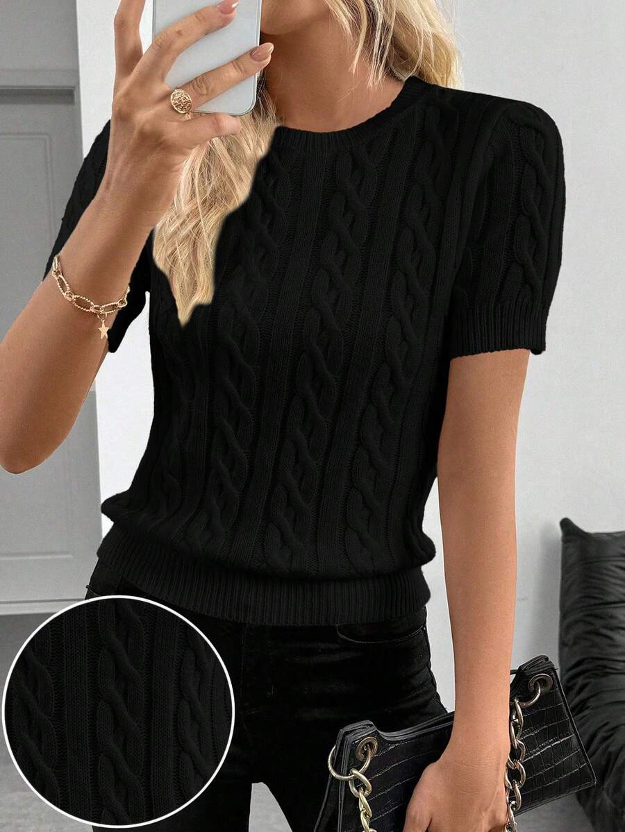 SHEIN Cottnline Blogger-Inspired Twist Rope Decor Round Neck Knit Sweater, Versatile For Autumn/Winter - Black - View 1