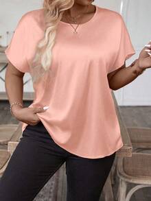 EMERY ROSE Plus Size Women's Solid Color Round Neck Batwing Short Sleeve Casual Shirt,Blush Pink,Summer,Elegant,Everyday,Formal Cute Oversized Tee Tops - Pink - View 1
